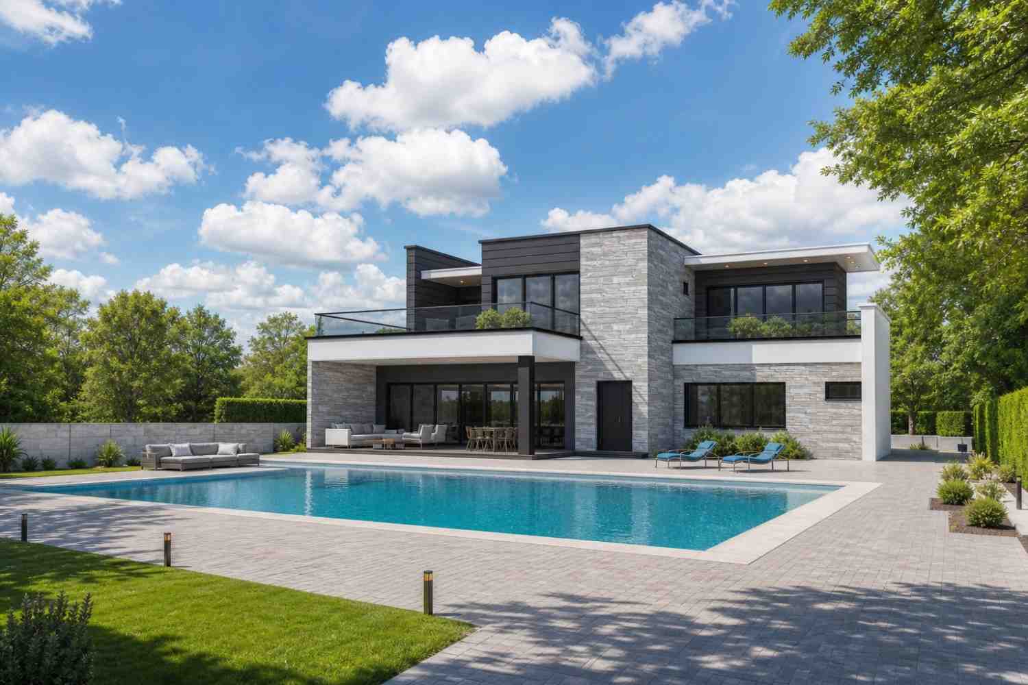 Rear elevation: the covered patio and living zone open directly onto the lap pool, with glass-railed terraces above.