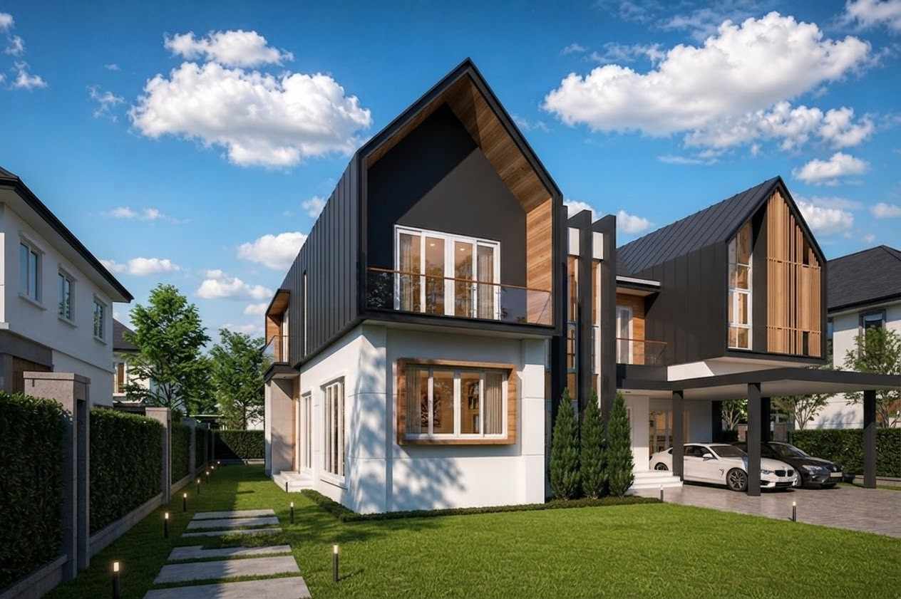 Left Side Elevation of 4 Bedroom 2 Story Contemporary House Plan with Nordic Twin-Gable Design
