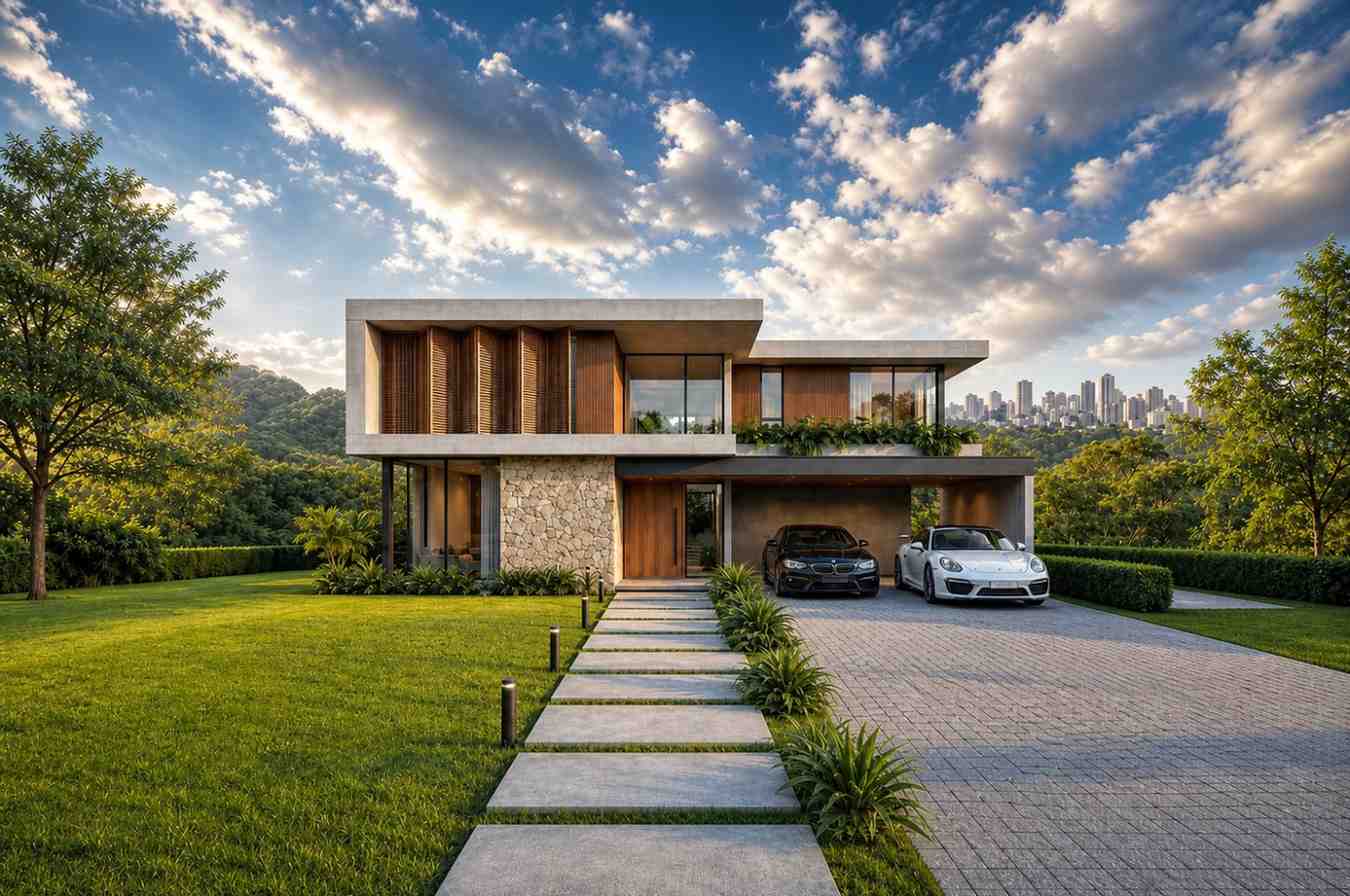 Front elevation of the 4 Bedroom 2 Story Contemporary House Plan with Family Lounge.