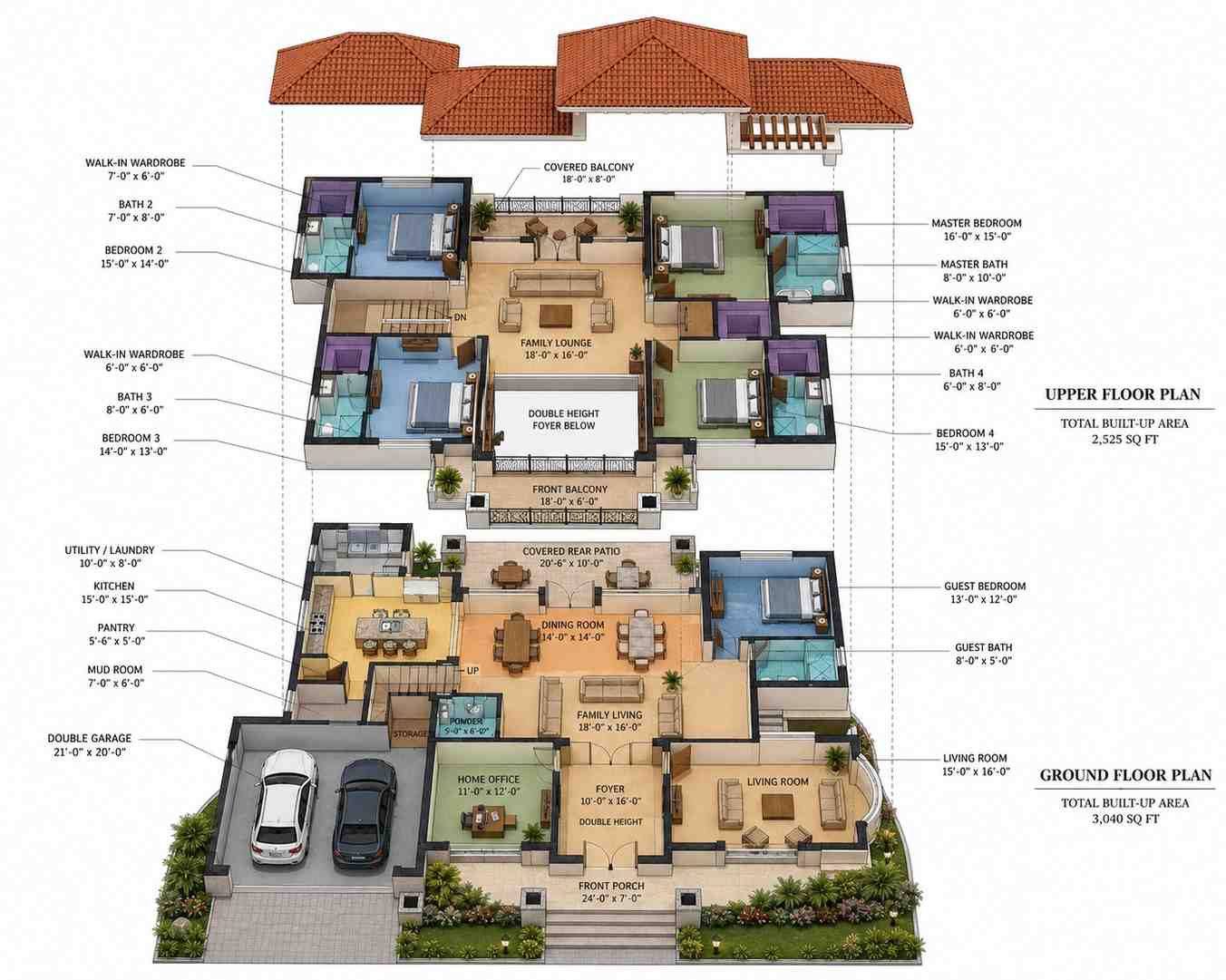 3D Render of Luxury 5 Bedroom Spanish Style House Plan with En-Suite Bedrooms and Family Lounge