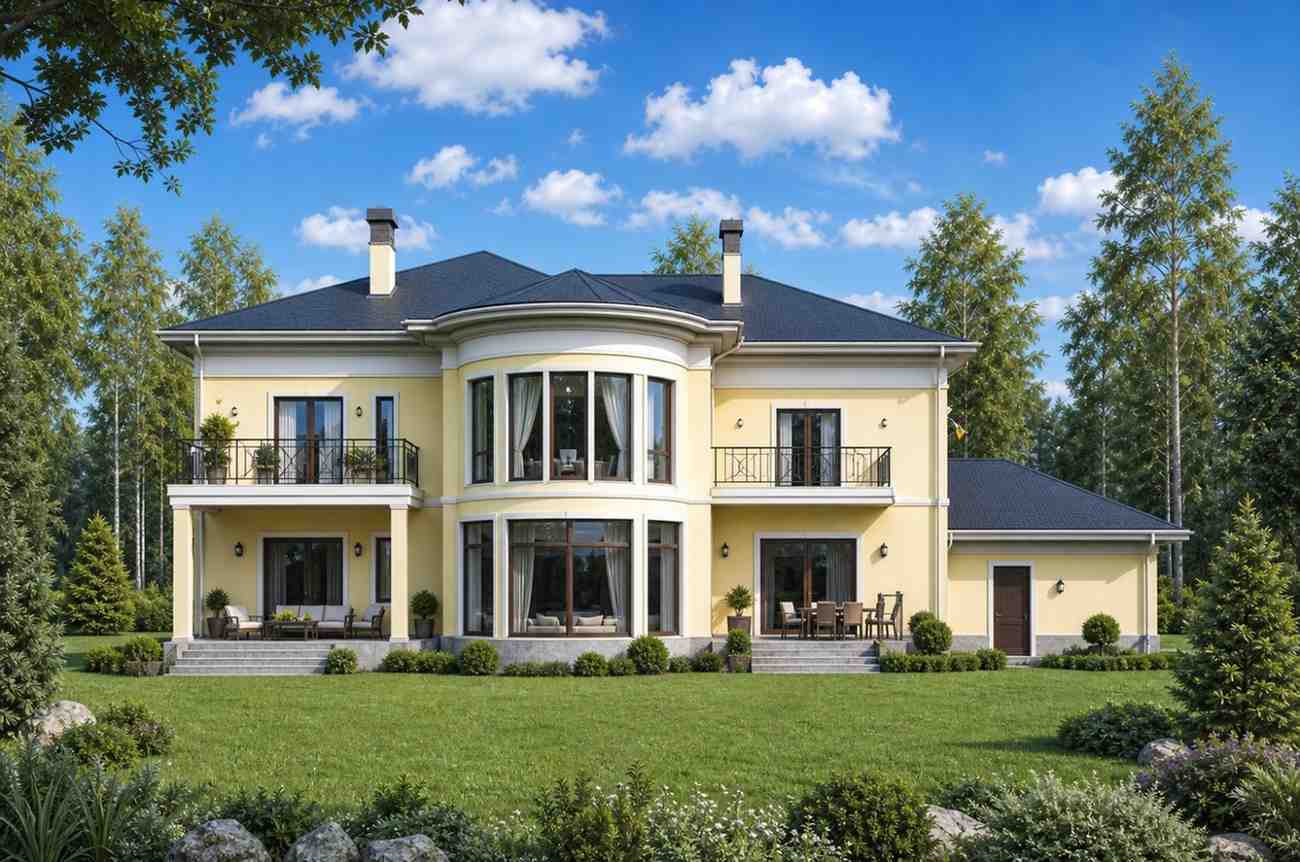 Rear Elevation (Back View) of 4 Bedroom 2 Story European Traditional House Plan with Wraparound Terrace