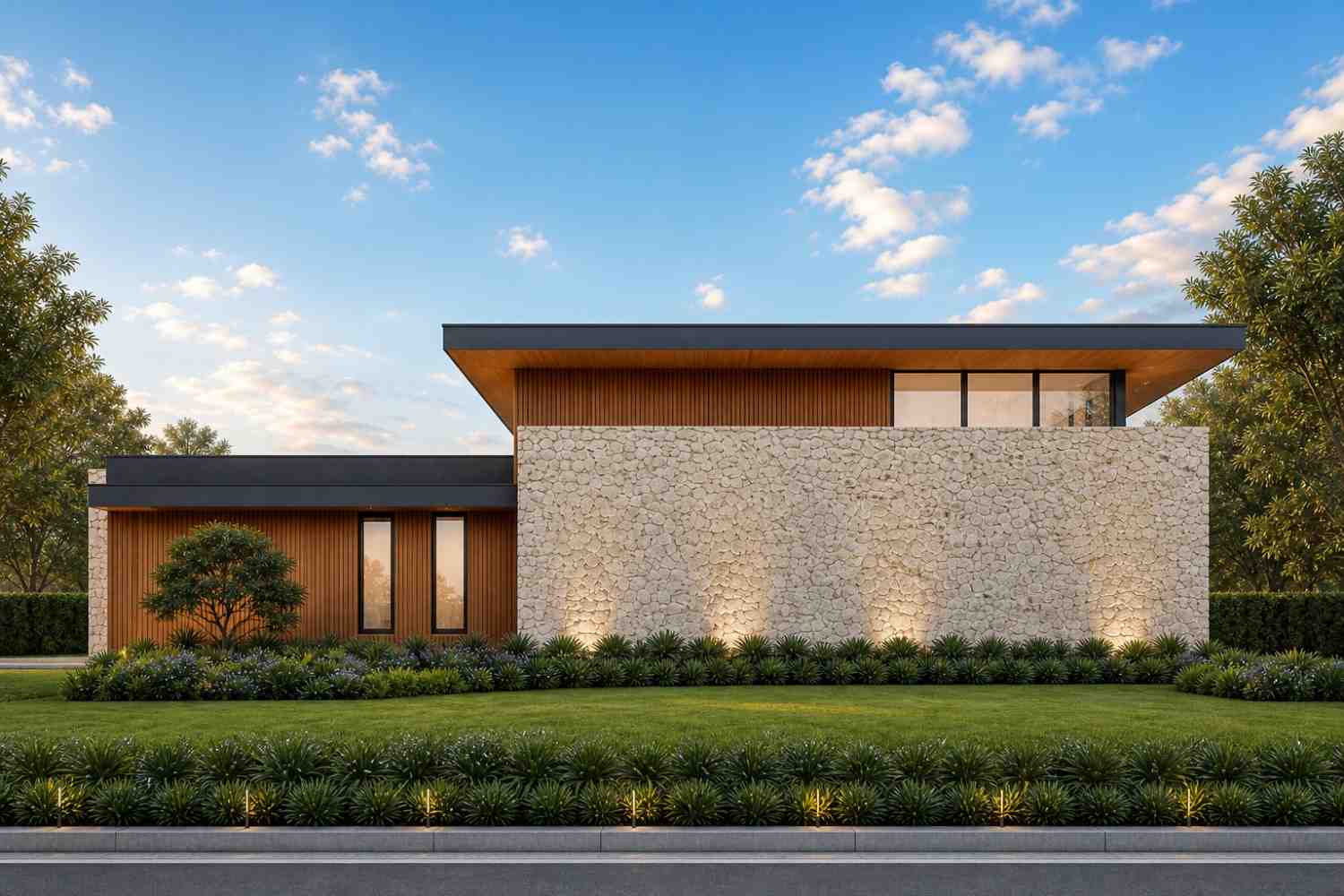 Rear Elevation of 2 Story Modern Contemporary House Plan with Home Office and Courtyard