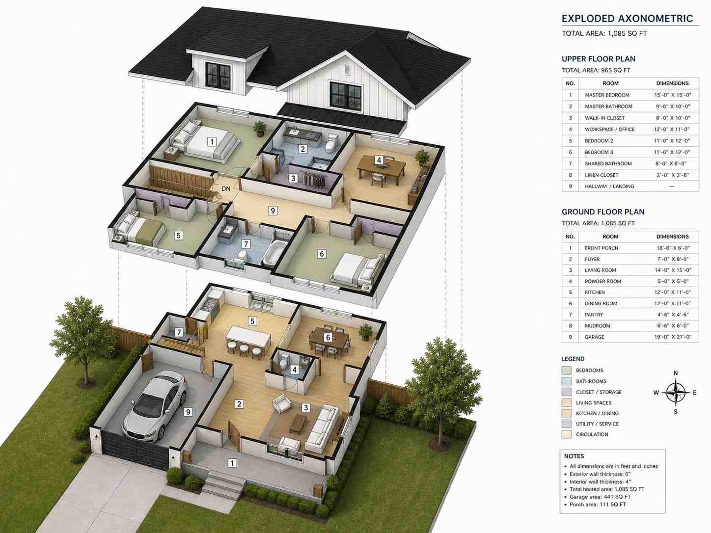 3D View of 3 Bedroom 2 Story Modern Farmhouse House Plan with Home Office