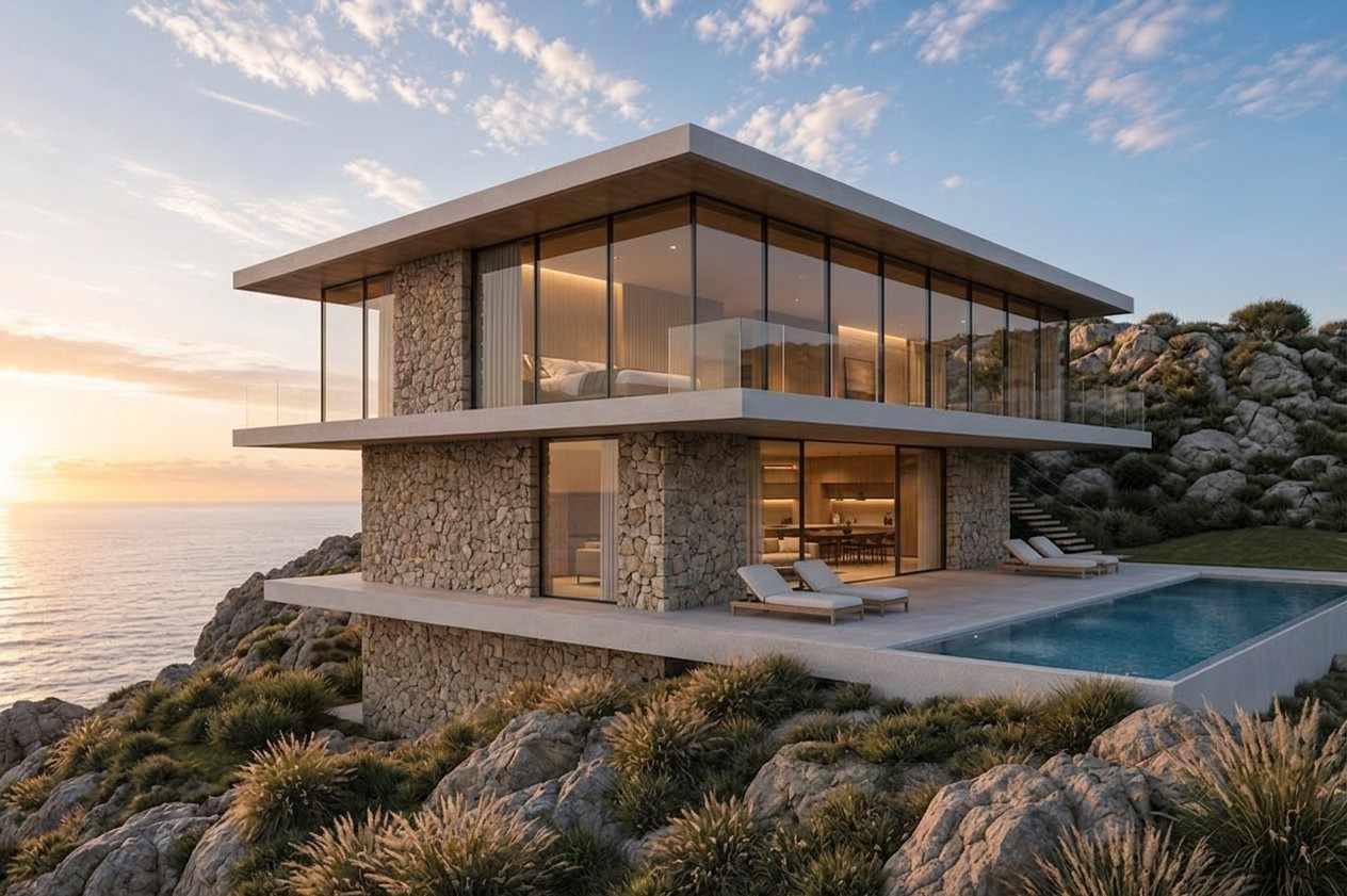 Left Side Elevation of Luxury 3 Bedroom Coastal Modern House Plan with Infinity Pool and Panoramic Views