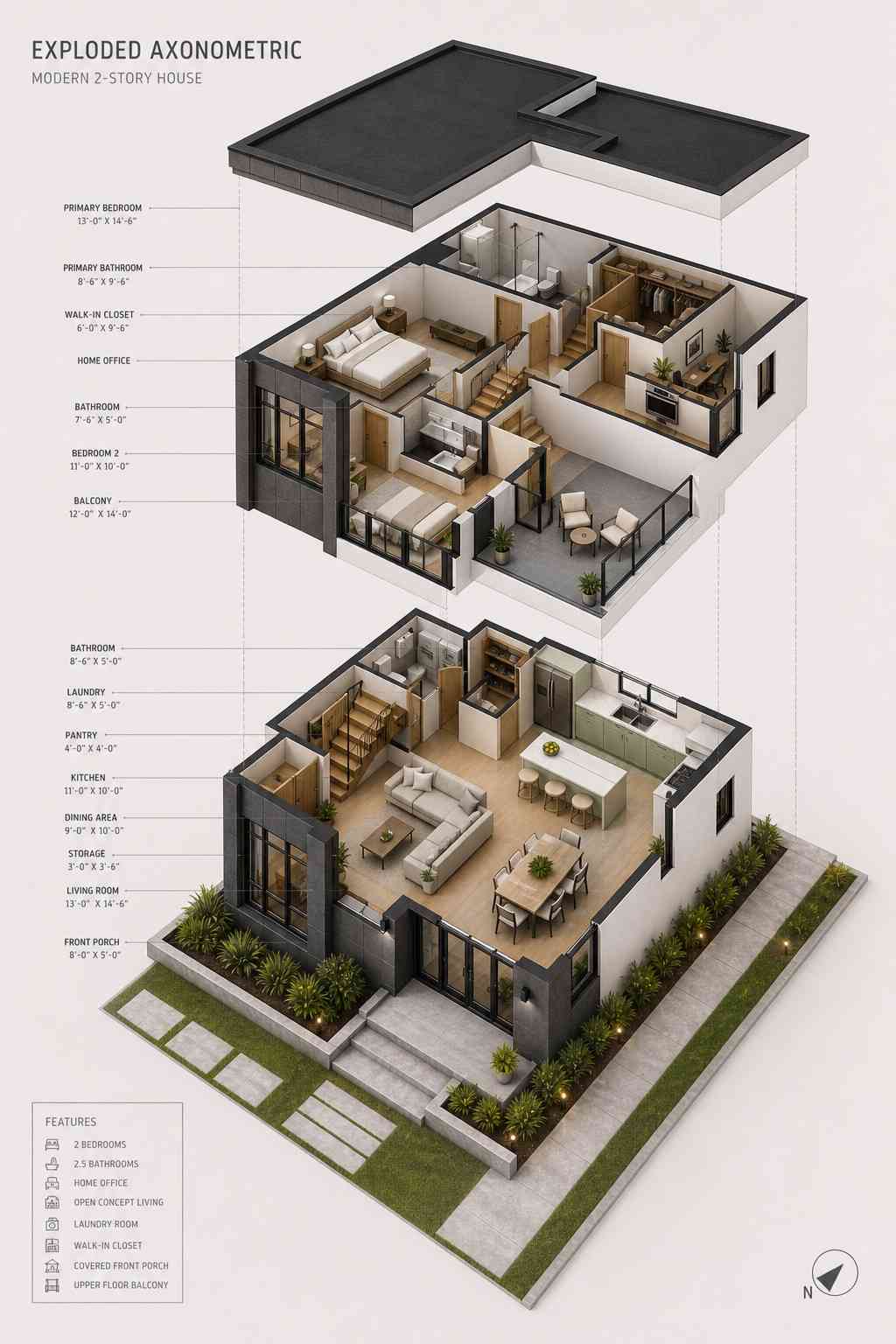 Exploded Axonometric View of 2 Bedroom 2 Story Modern Compact House Plan with Large Balcony