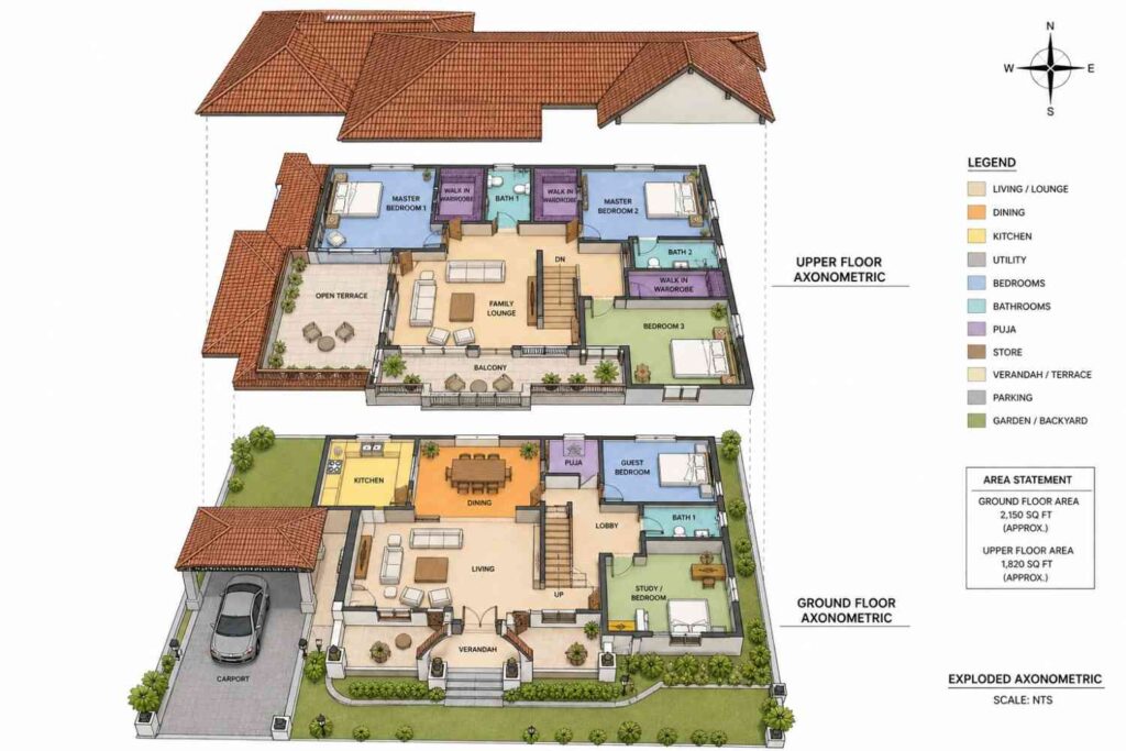Exploded Axonometric View of Spanish Colonial House Plan with Open Terrace and Dual Master Suites