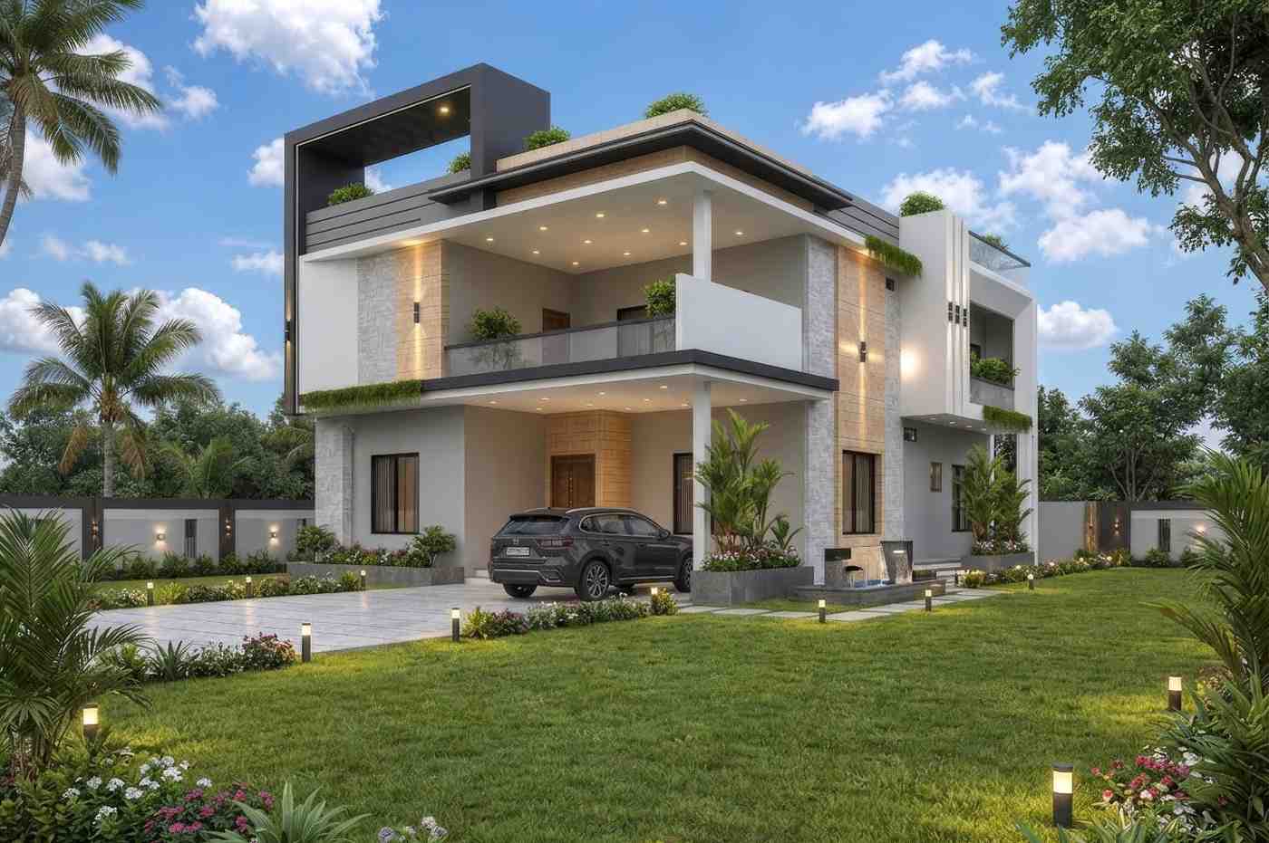 Right Side Elevation of 2 Story 4 Bedroom Contemporary House Plan with Double Height Void