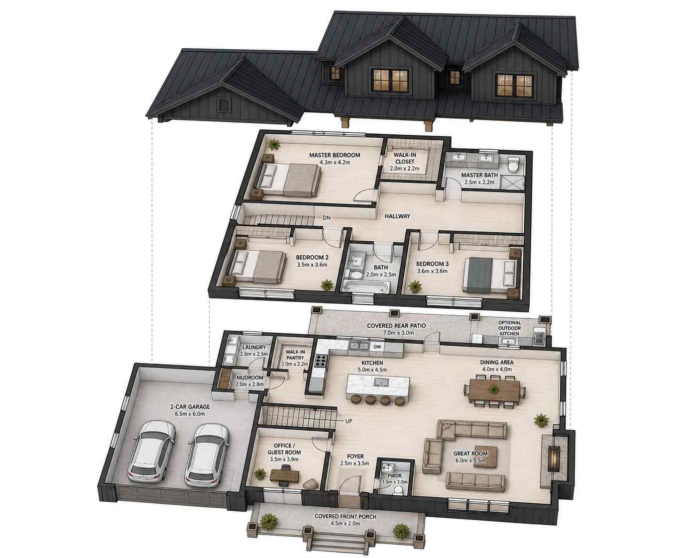 3D Perspective Render of the All Black 4 Bedroom 2 Story Modern Farmhouse House Plan
