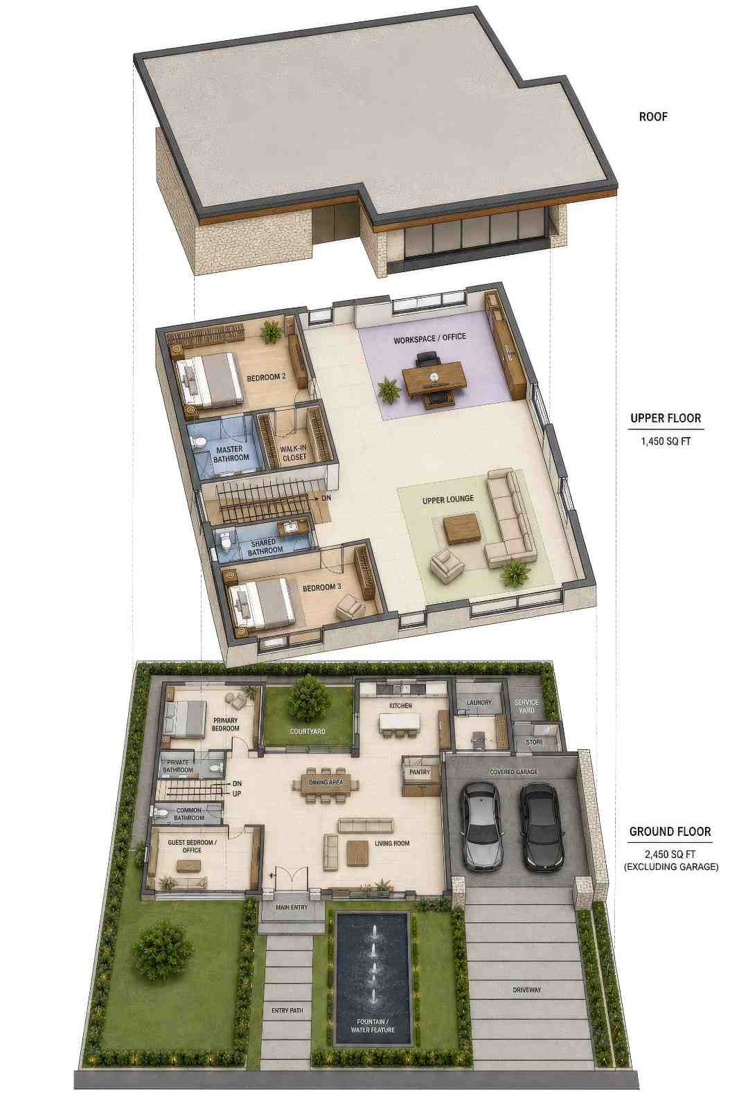 Exploded Axonometric View of 2 Story Modern Contemporary House Plan with Home Office and Courtyard