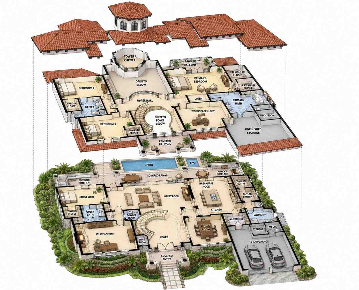 Exploded Axonometric View of Luxury Mediterranean House Plan with Curved Grand Staircase and Cupola