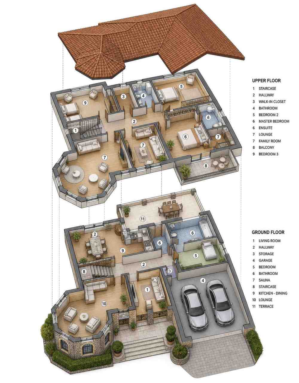 Exploded Axonometric View of House Plan with Stone Turret — 4 Bedroom Mediterranean Villa