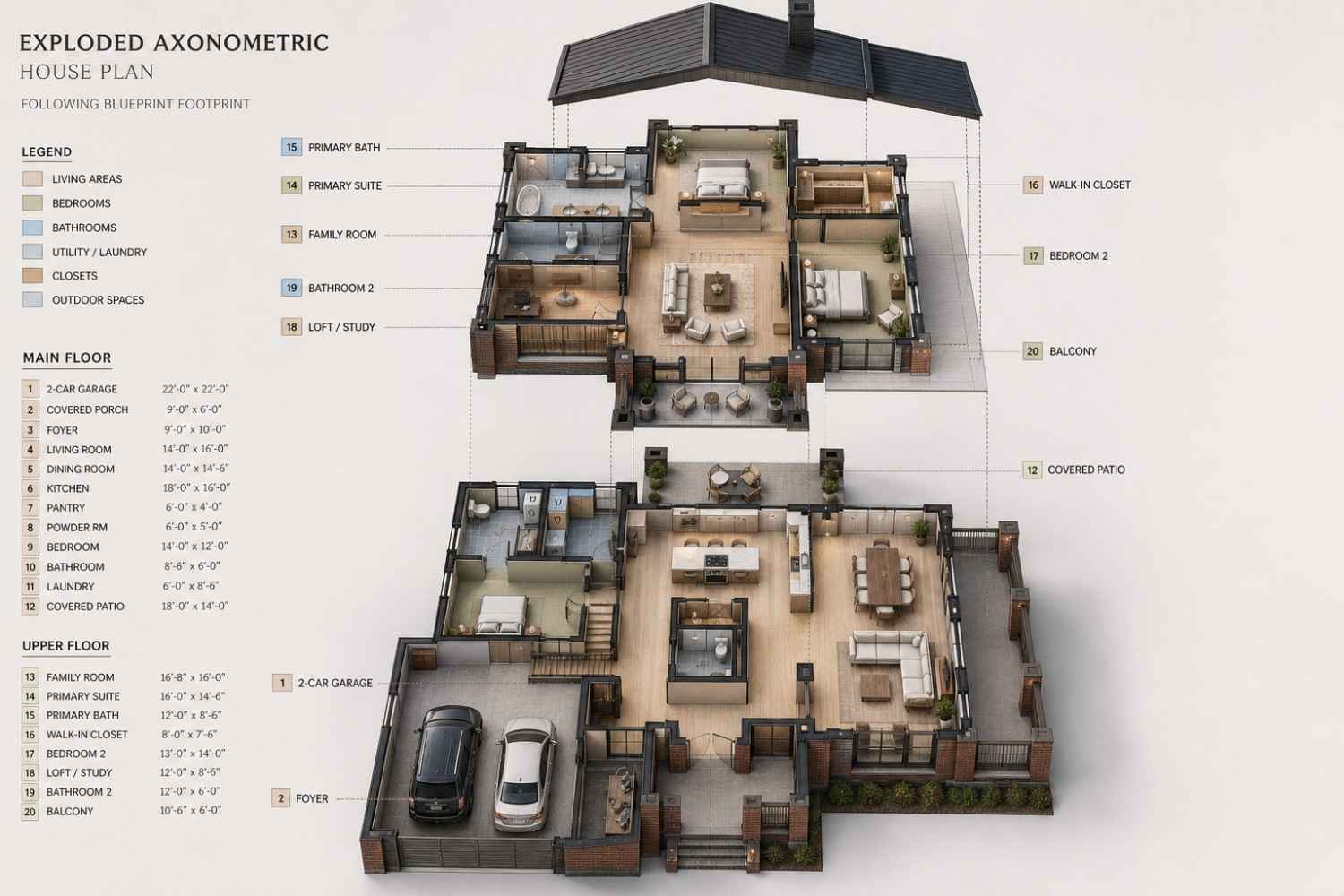 3D VIEW of 3 Bedroom 2 Story Contemporary House Plan with Upstairs Family Room