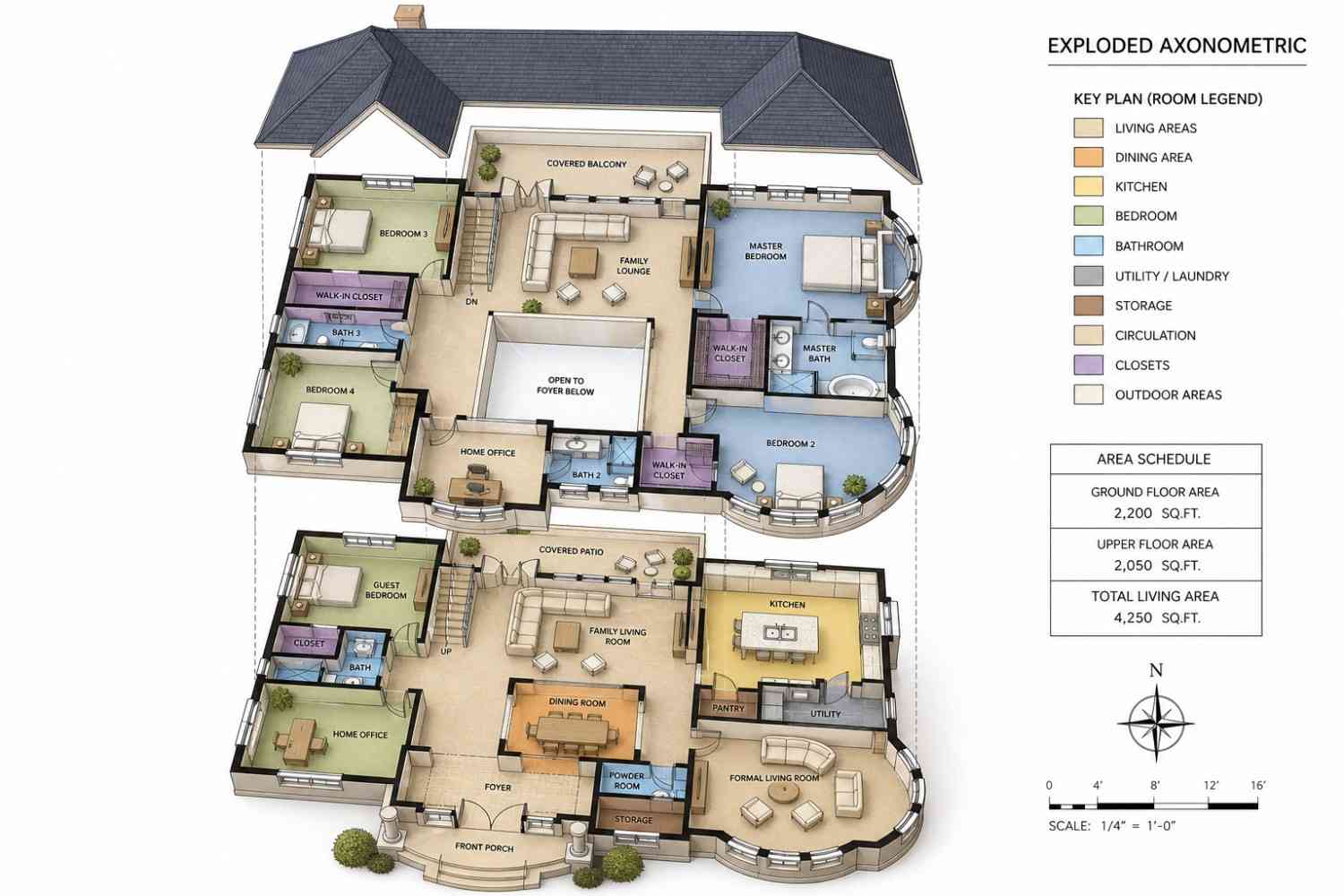 Exploded Axonometric View of 5 Bedroom Brick Traditional House Plan with Turret Master Suite