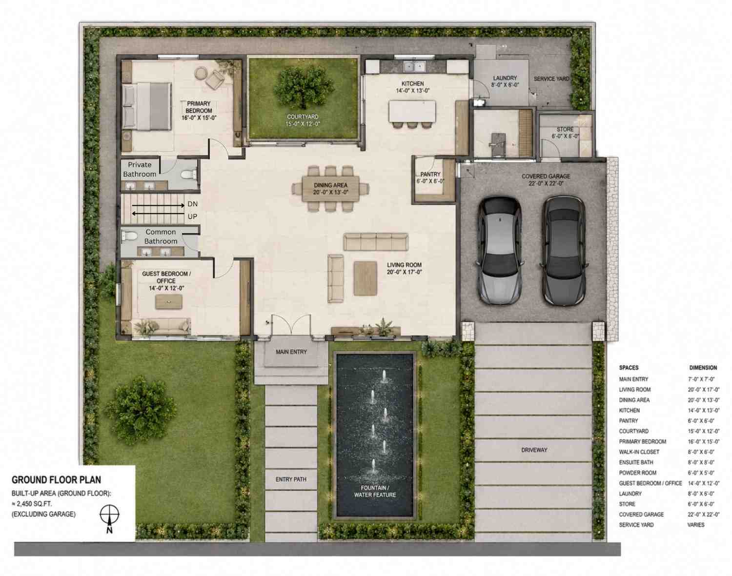 Ground Floor Blueprint of 2 Story Modern Contemporary House Plan with Home Office and Courtyard