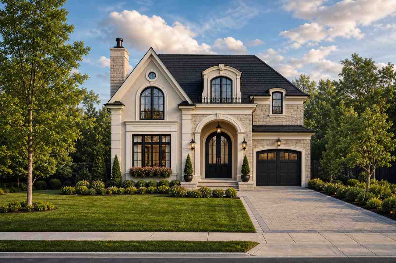 Front Elevation of 3 Bedroom 2 Story French Country House Plan with Double Height Foyer