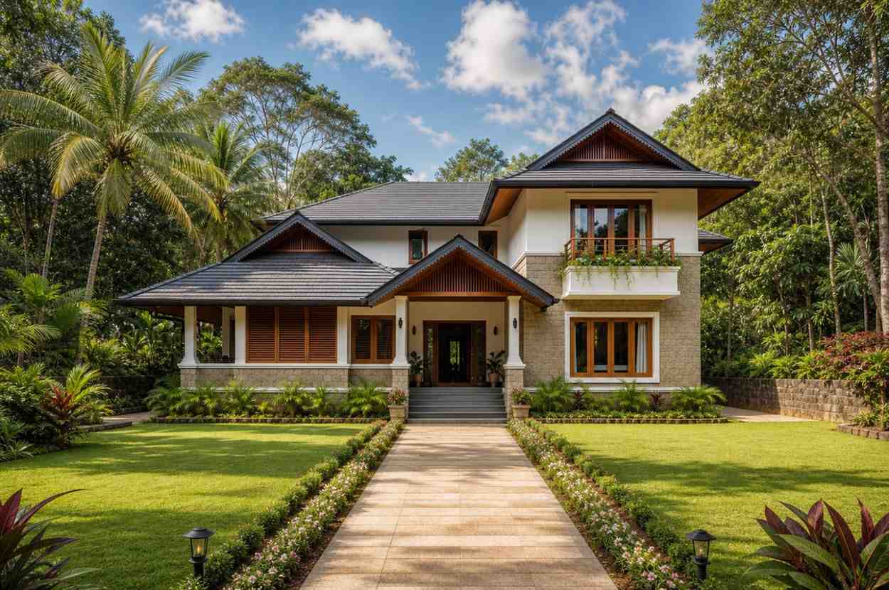 Front Elevation of 4 Bedroom 2 Story Tropical Contemporary House Plan with Covered Terrace