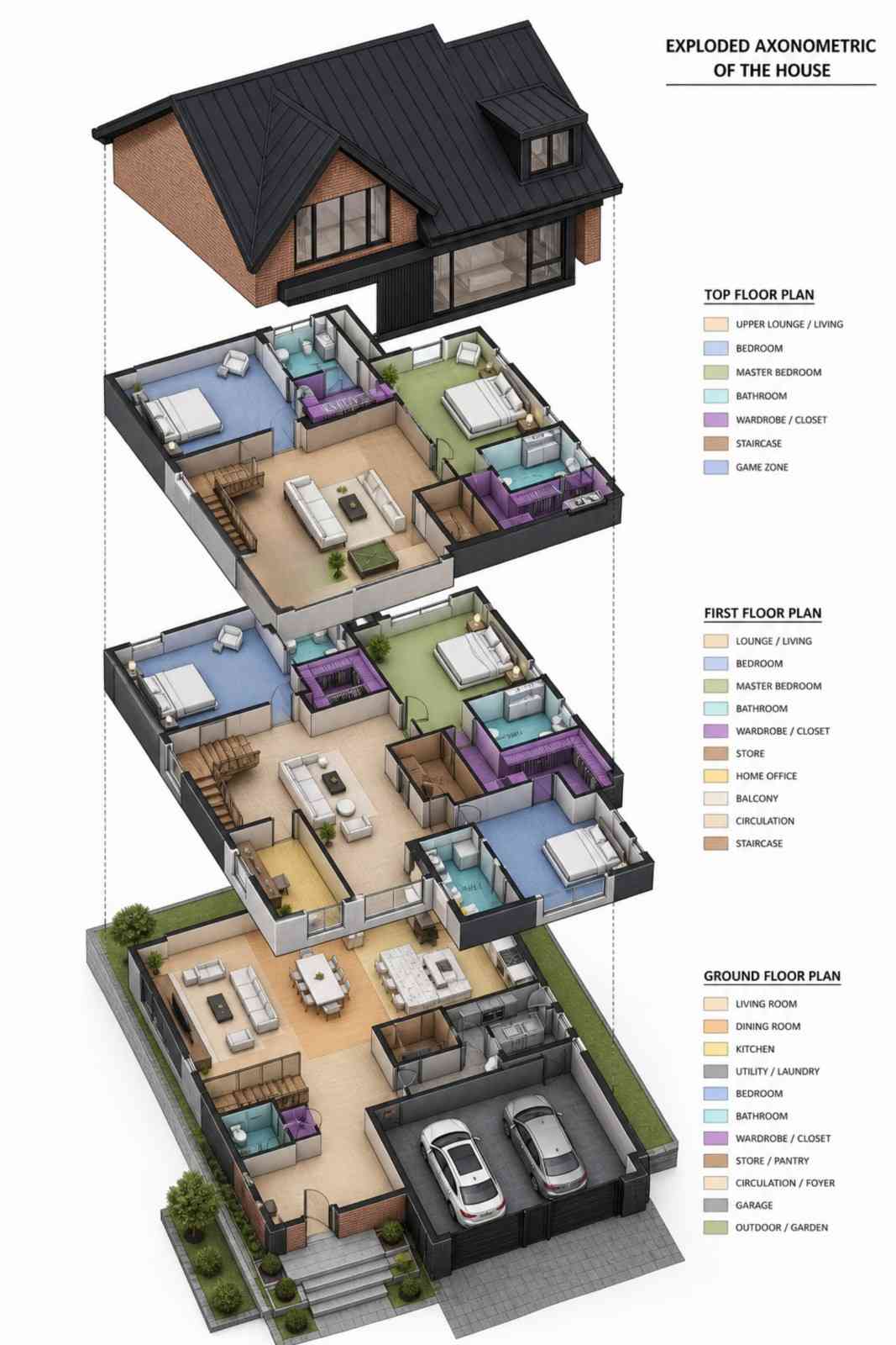 3D View of House Plan for a Large Family — 5 Bedroom Scandinavian Contemporary