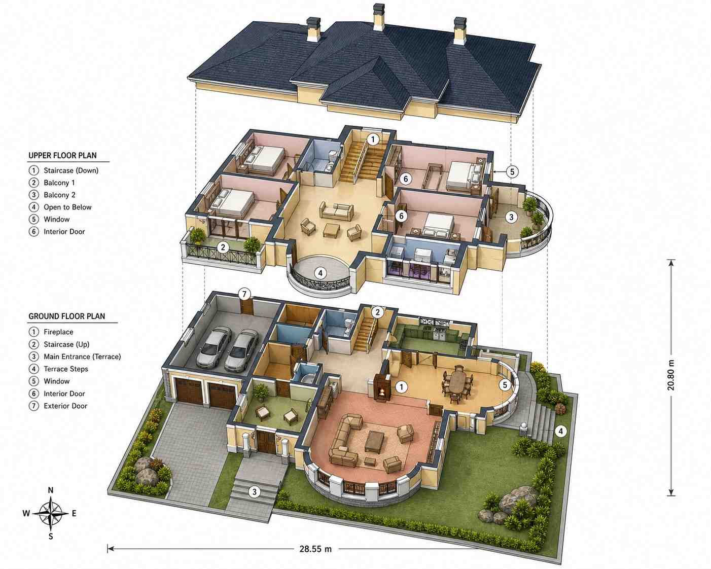 3D View of 4 Bedroom 2 Story European Traditional House Plan with Wraparound Terrace