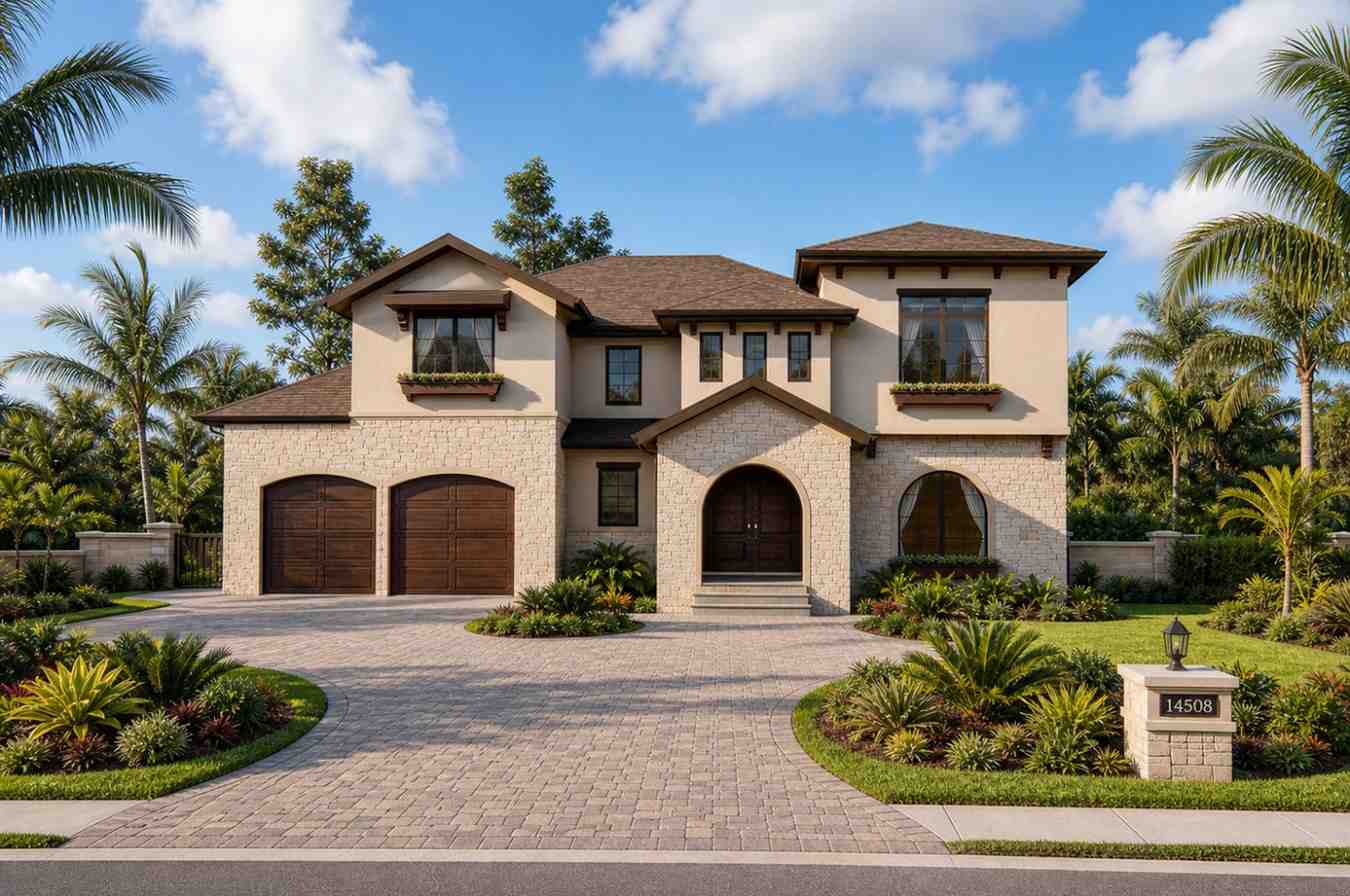 Front Elevation of 4 Bedroom 2 Story Florida Mediterranean House Plan with Storm Shelter