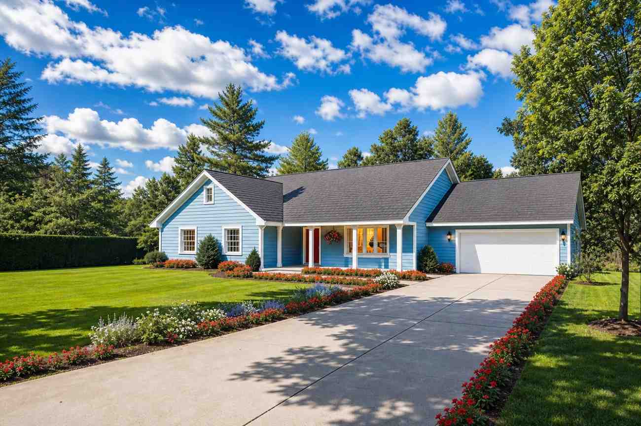 Front Elevation of 3 Bedroom Single Story Modern Ranch House Plan with Sloped Ceiling