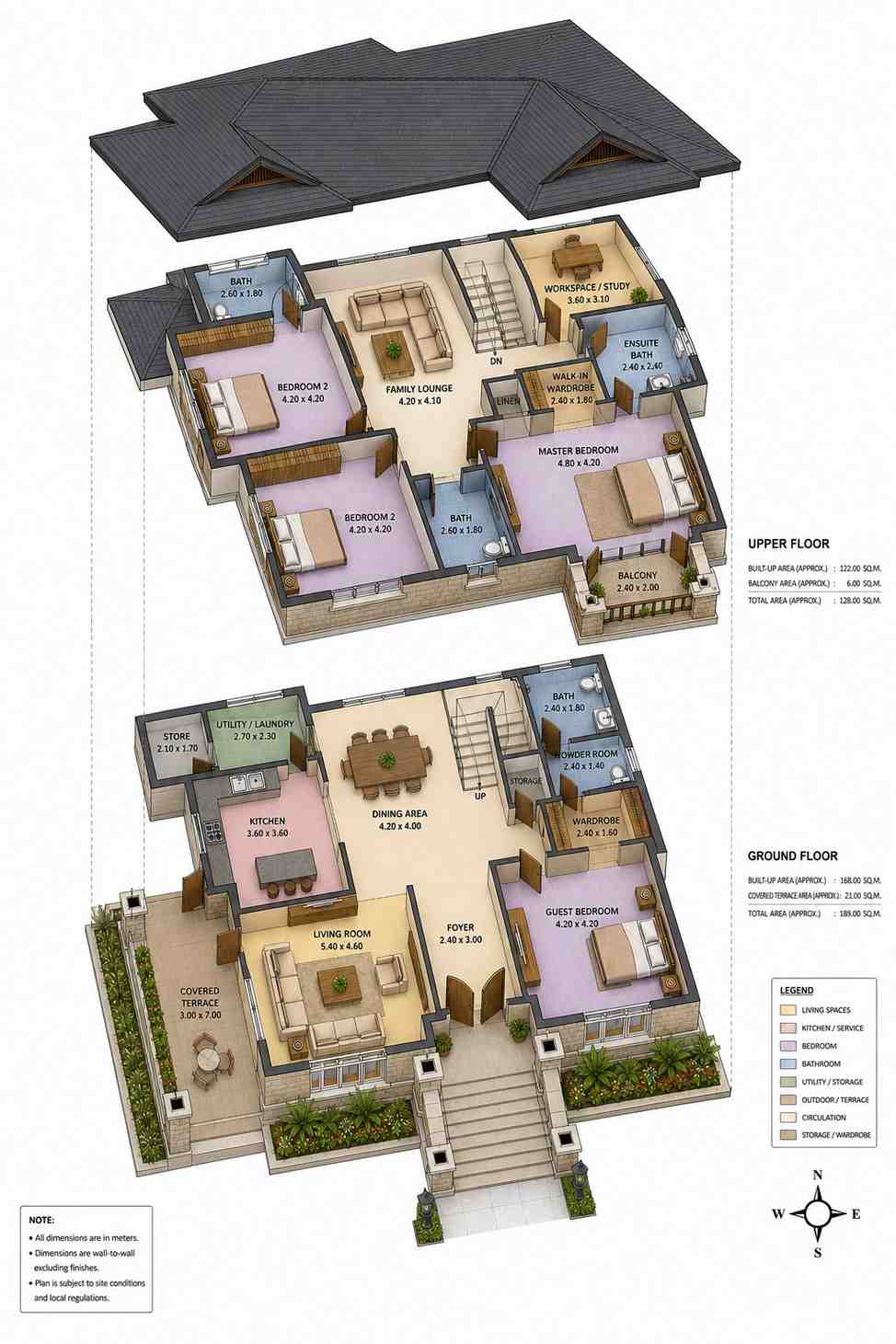 3D Perspective View of 4 Bedroom 2 Story Tropical Contemporary House Plan with Covered Terrace