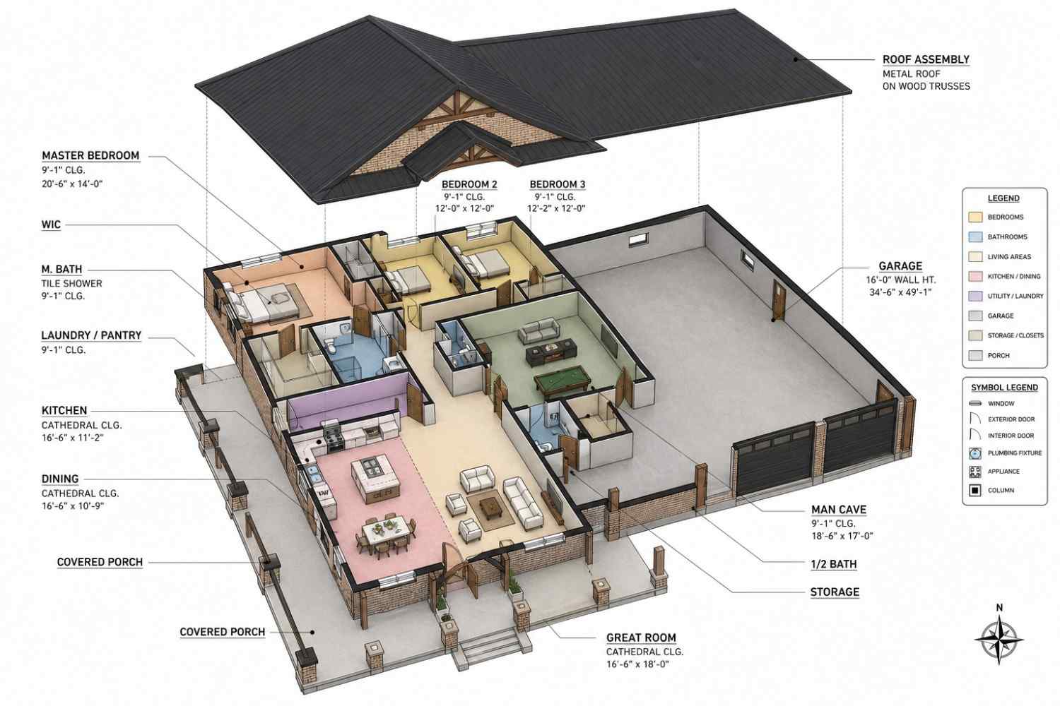 Exploded Axonometric View of 3 Bedroom Barndominium House Plan with Shop Garage and Man Cave