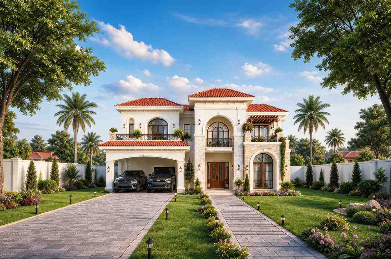 Front Elevation of Luxury 5 Bedroom Spanish Style House Plan with En-Suite Bedrooms and Family Lounge