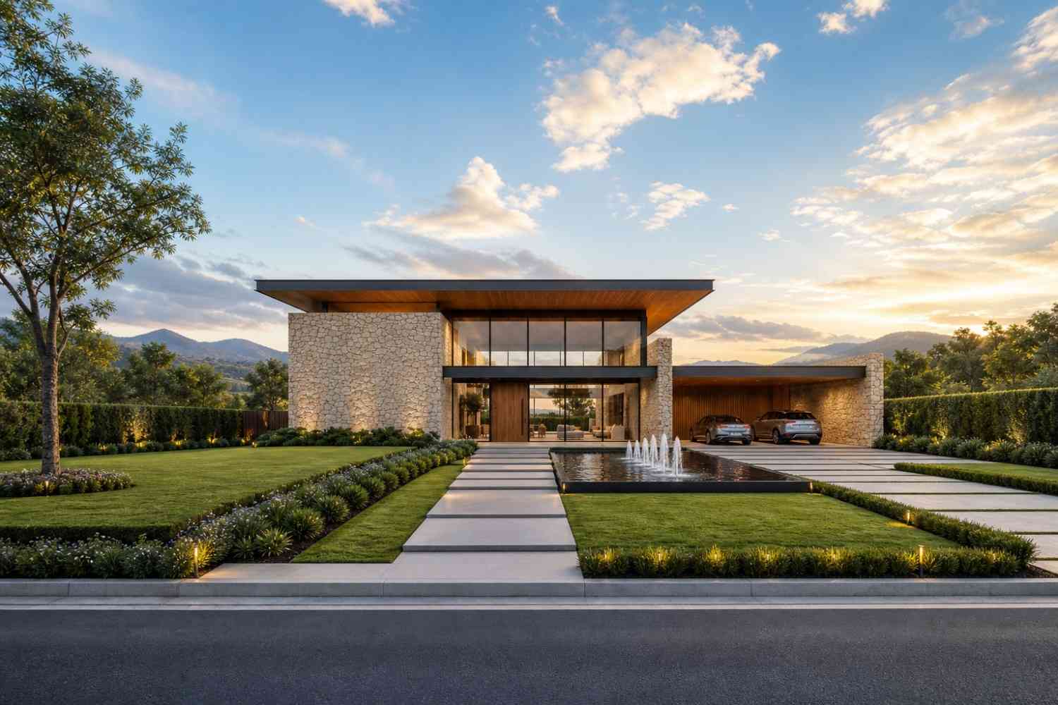 Front Elevation of 2 Story Modern Contemporary House Plan with Home Office and Courtyard