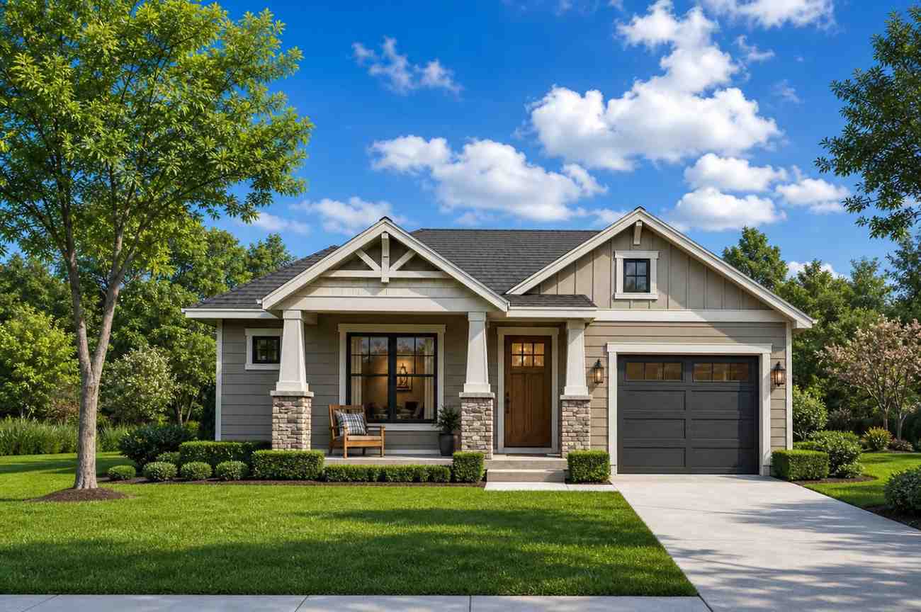 Front Elevation of 2 Bedroom Single Story Craftsman House Plan with Split Bedroom Layout