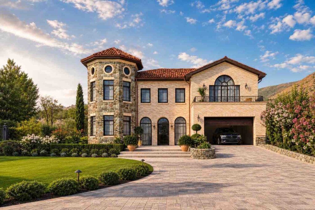 Front Elevation of House Plan with Stone Turret — 4 Bedroom Mediterranean Villa
