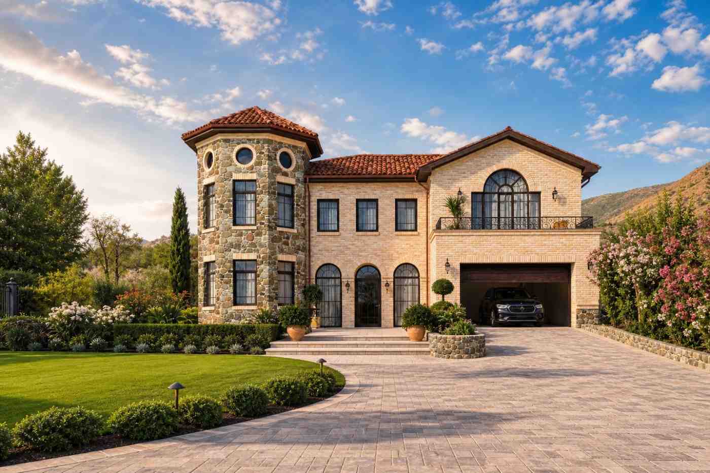 Front Elevation of House Plan with Stone Turret — 4 Bedroom Mediterranean Villa
