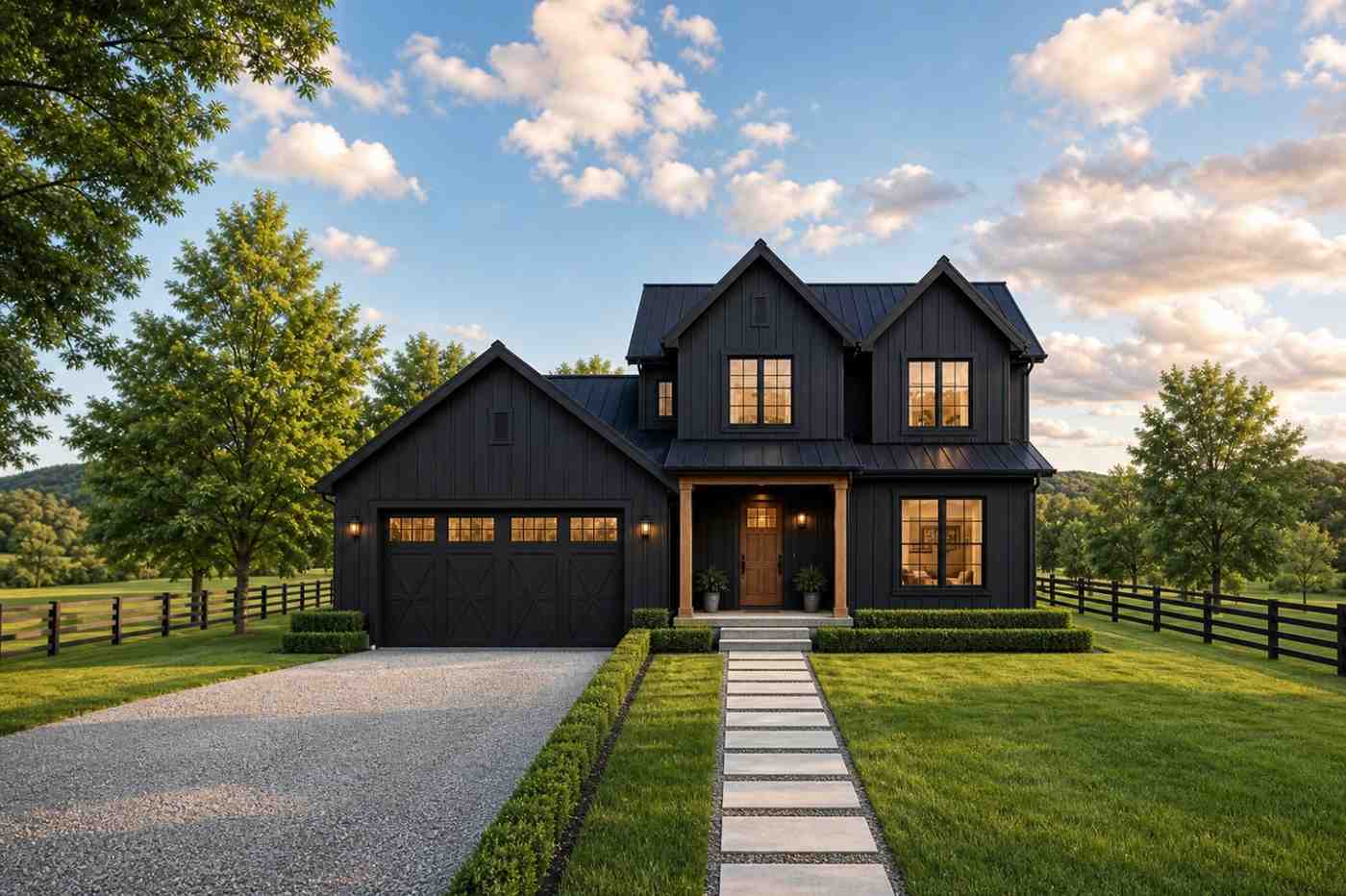 Front Elevation of the All-Black Modern Farmhouse showing twin prominent gables and a warm wood entryway.