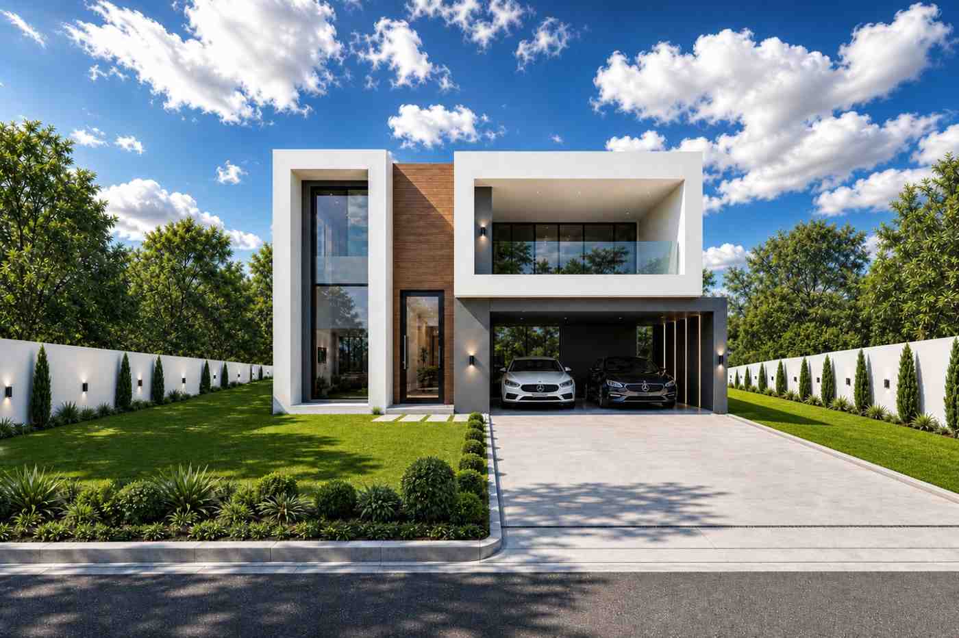 Front Elevation of the home showcasing the bold interlocking architectural cubes and luxurious two-car driveway
