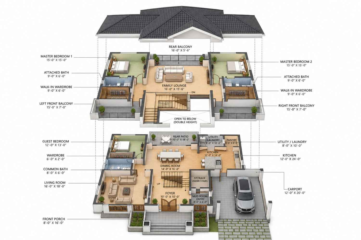 Exploded Axonometric View of Tropical Modern House Plan with Two Master Suites