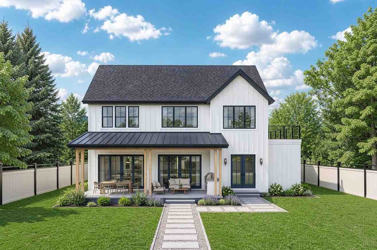 Rear View featuring the Full Length Covered Patio and Dining Room Window Arrays