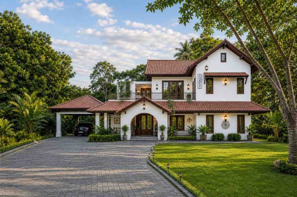 Front Elevation of Spanish Colonial House Plan with Open Terrace and Dual Master Suites