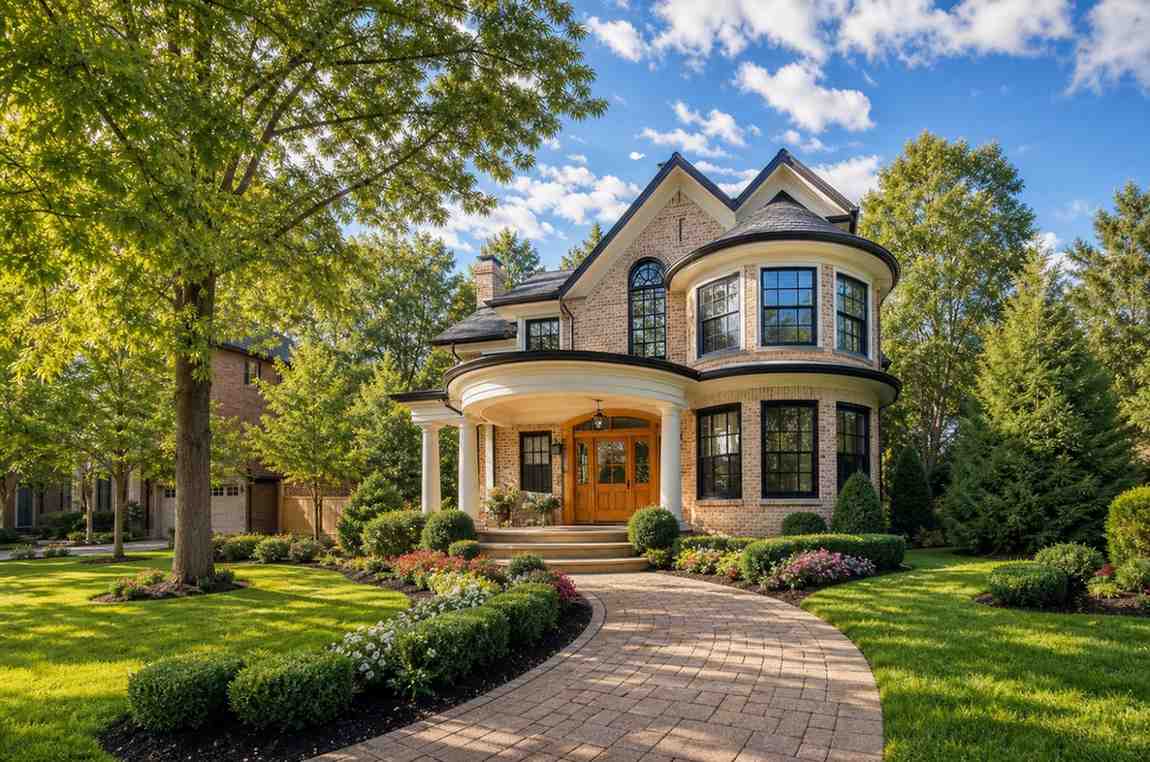 Front Elevation of 5 Bedroom Brick Traditional House Plan with Turret Master Suite