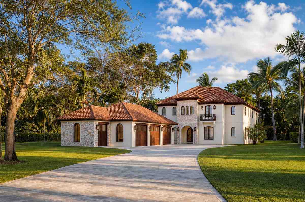 Front Elevation of Mediterranean Villa House Plan with Outdoor Kitchen and Fireplace