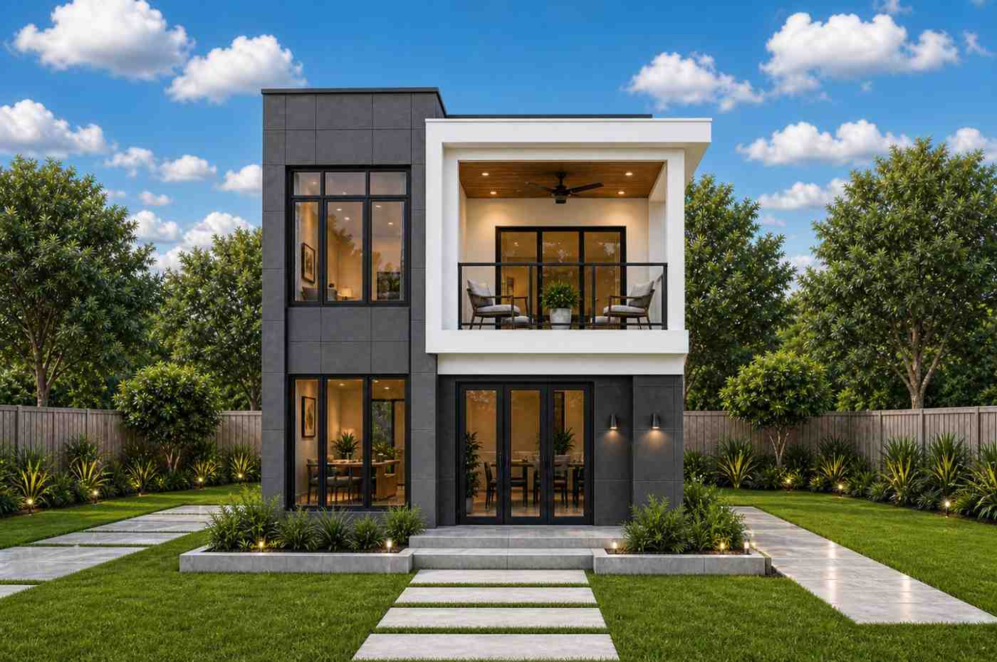 Front Elevation of 2 Bedroom 2 Story Modern Compact House Plan with Large Balcony