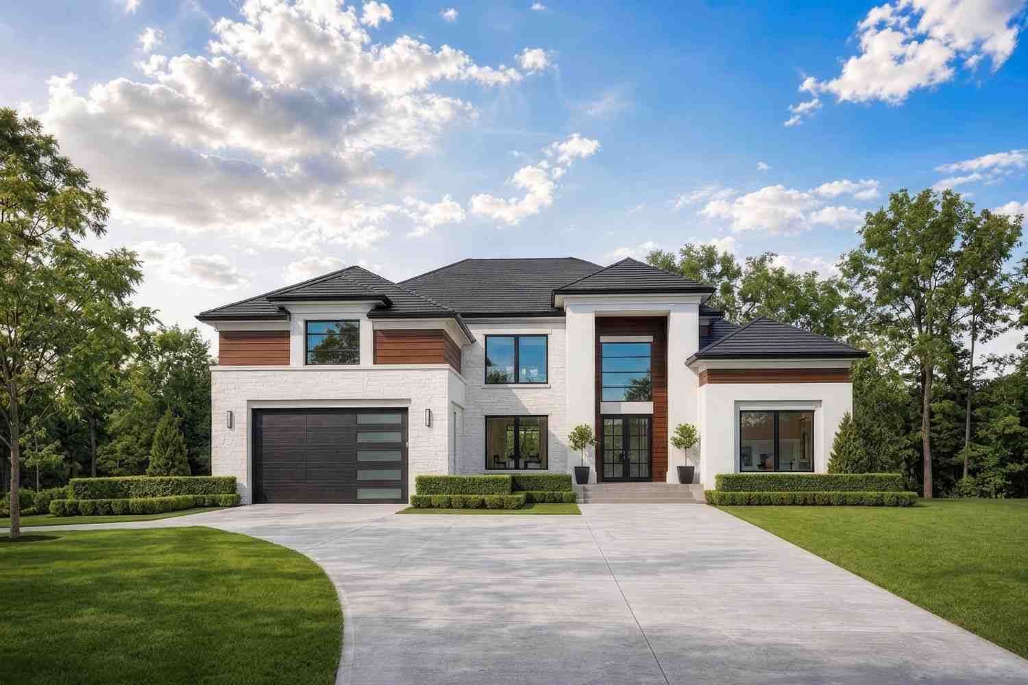 Front Elevation of the 5 Bedroom 2 Story Contemporary House Plan with 3 Car Garage displaying the grand glass entry and modern brick-and-wood facade