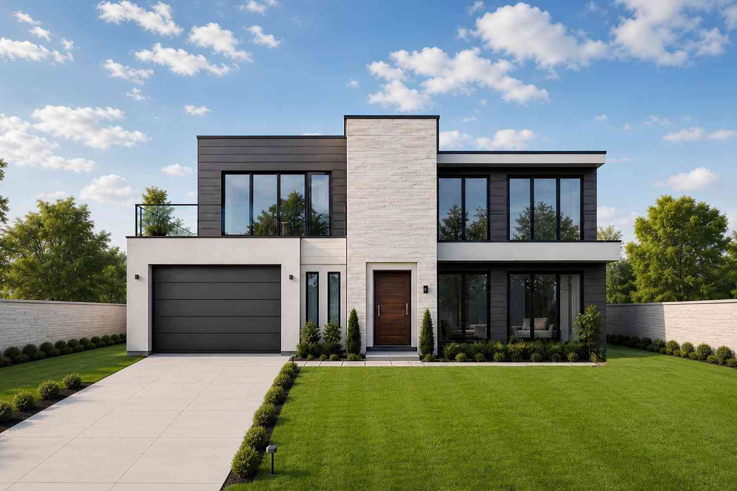Front elevation: stone entry tower, charcoal timber cladding, integrated single-bay garage door and full-height glazing.