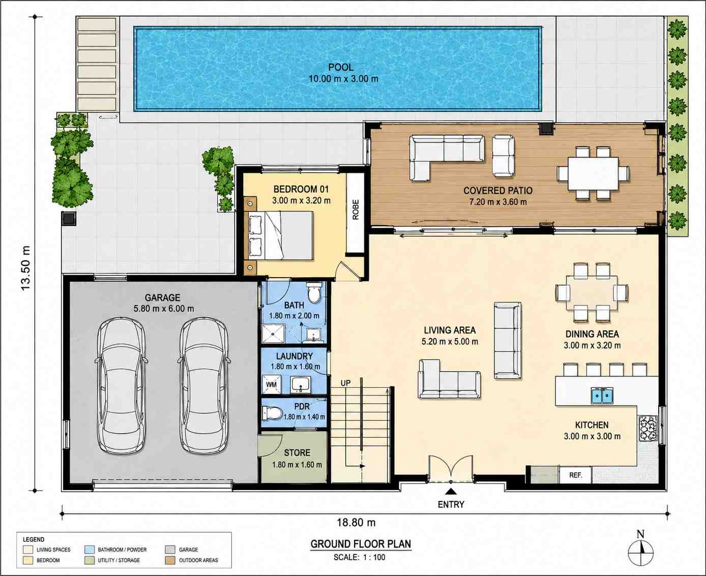 Ground floor plan: garage and utilities west, open living-dining-kitchen east, guest bedroom and covered patio opening to the pool.