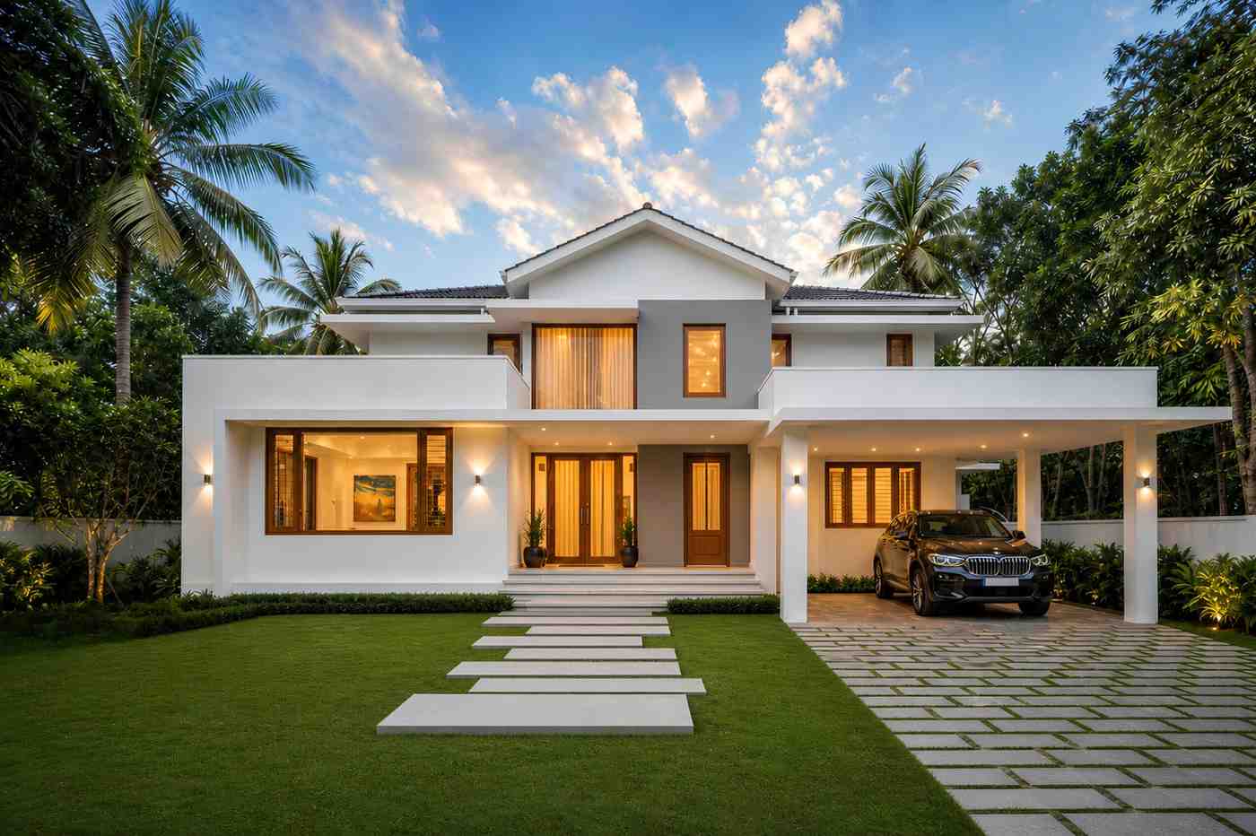 Front Elevation of Tropical Modern House Plan with Two Master Suites