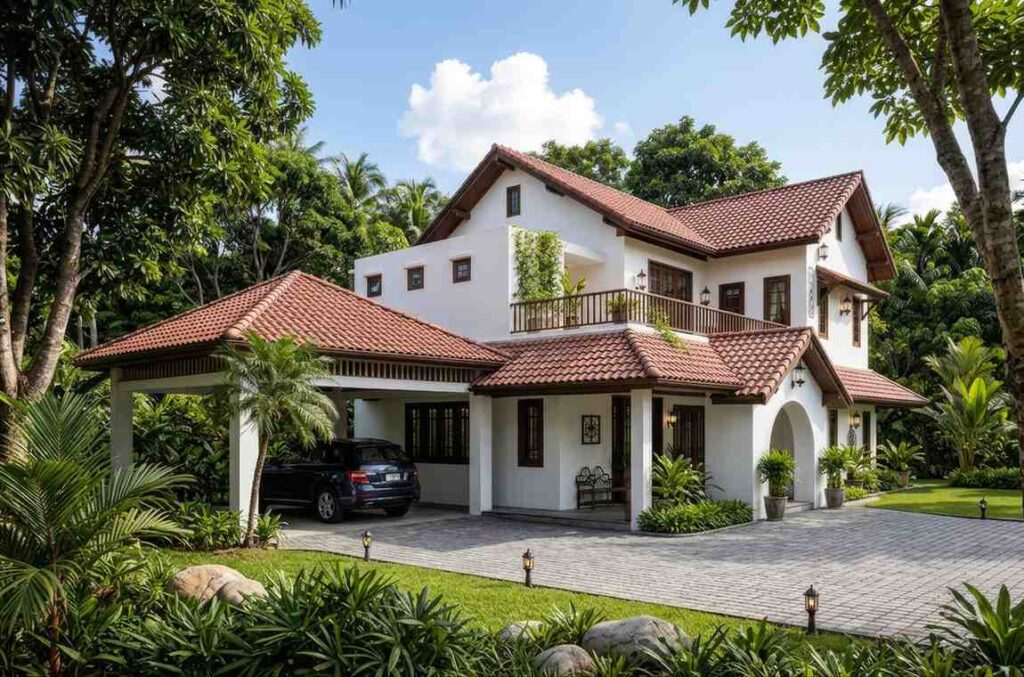 Left Elevation of Spanish Colonial House Plan with Open Terrace and Dual Master Suites