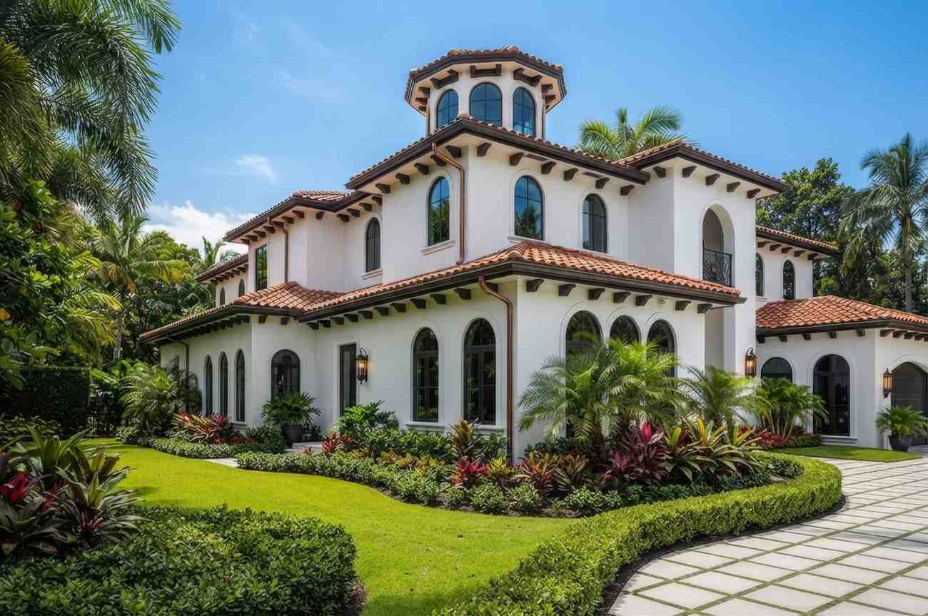 Left Side Elevation of Luxury Mediterranean House Plan with Curved Grand Staircase and Cupola