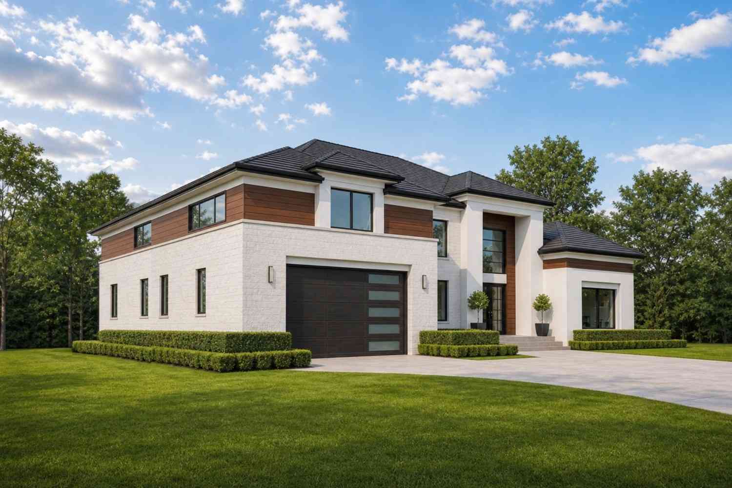 Left Side Elevation showcasing the deep profile of the 3-car garage and the continuous rooflines