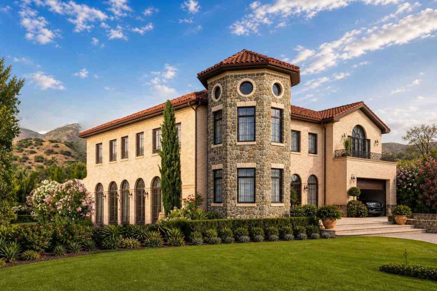 Left side elevation of House Plan with Stone Turret — 4 Bedroom Mediterranean Villa