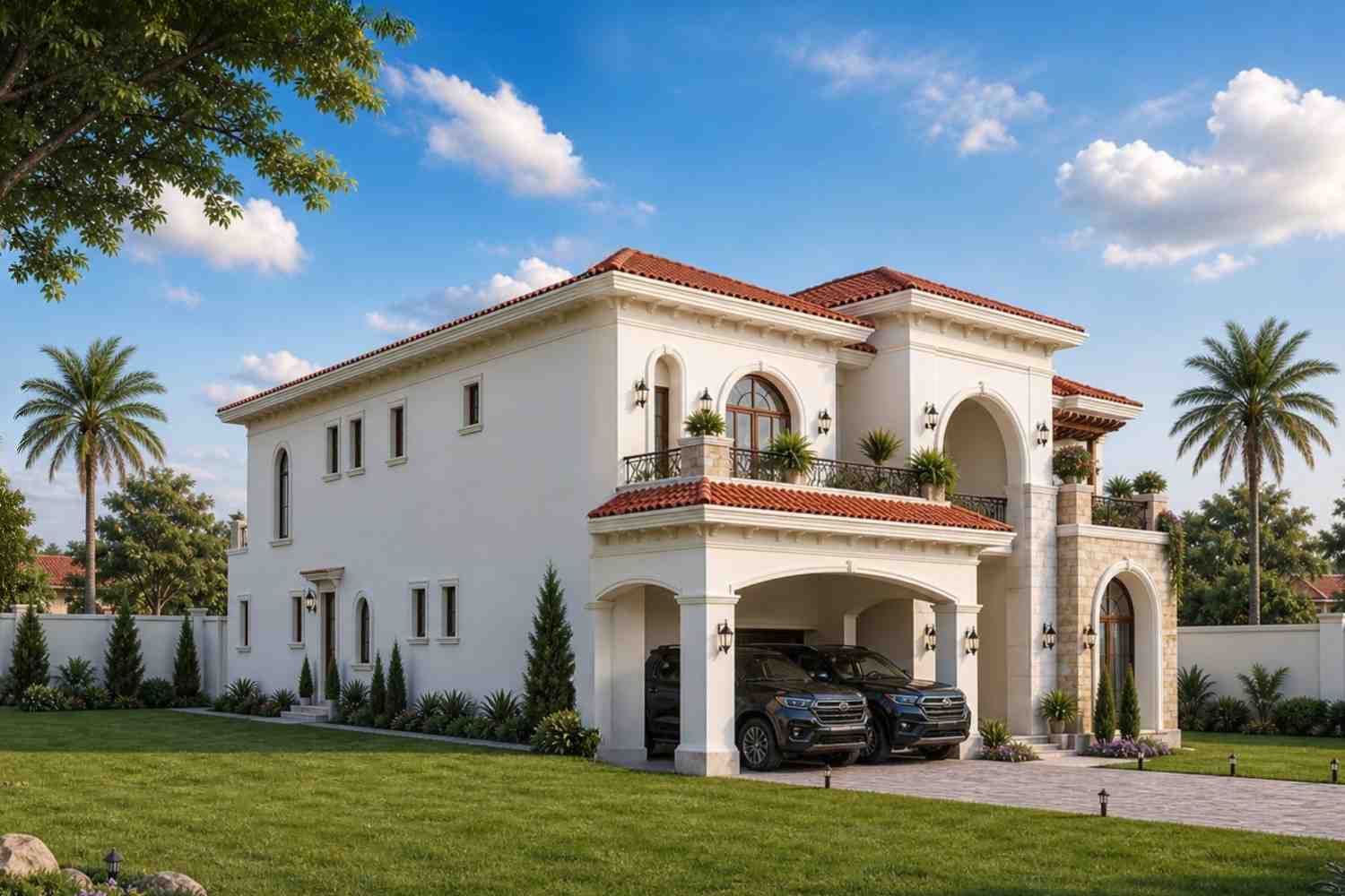 Left Side Elevation of Luxury 5 Bedroom Spanish Style House Plan with En-Suite Bedrooms and Family Lounge