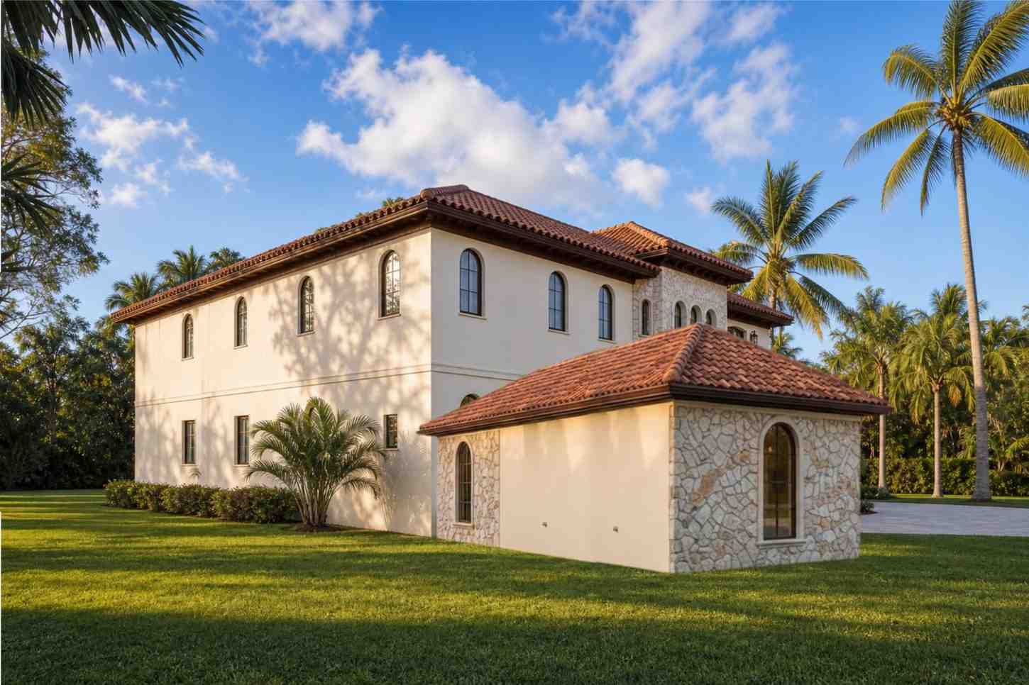 Left Side Elevation of Mediterranean Villa House Plan with Outdoor Kitchen and Fireplace