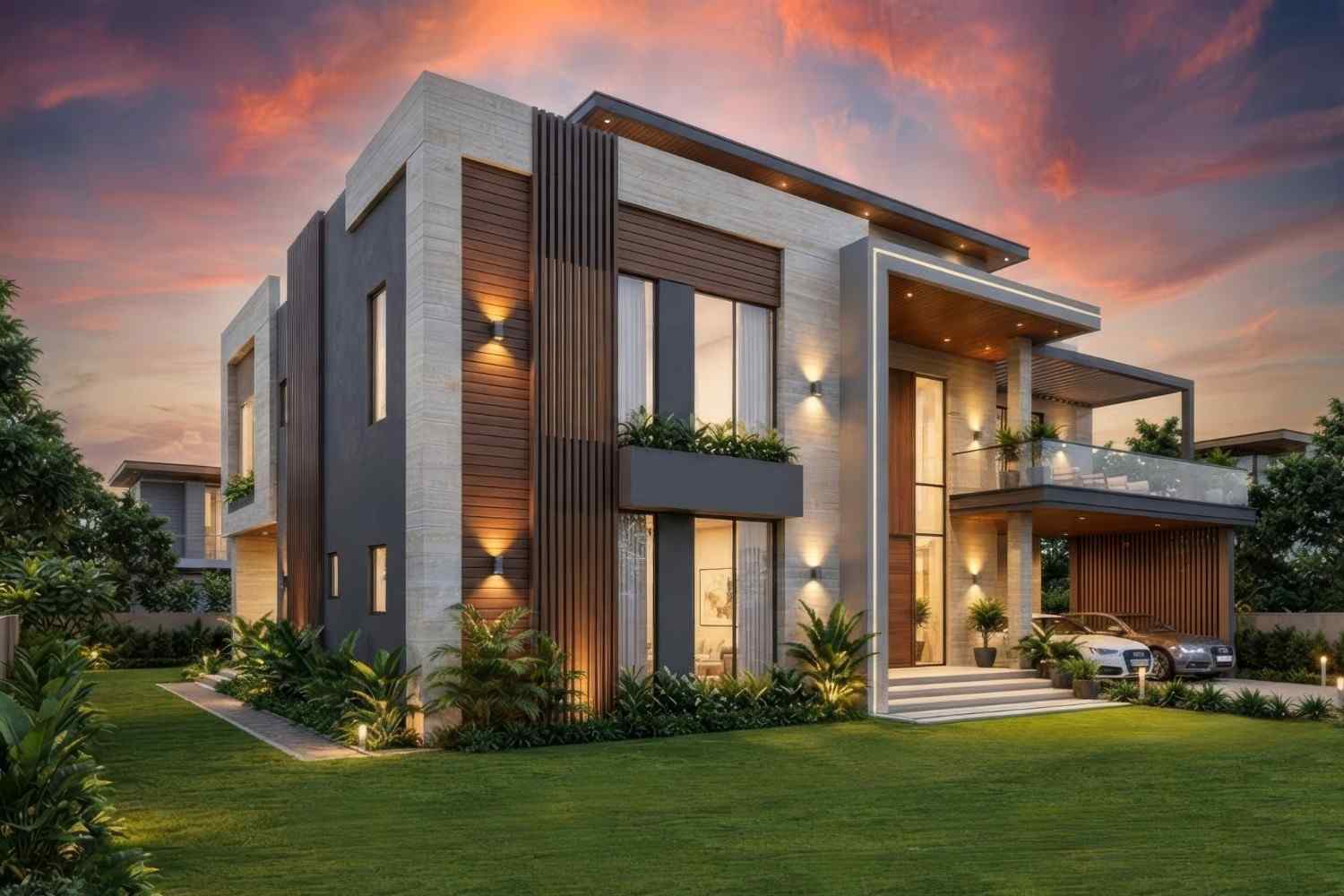 Left Elevation of 5 Bedroom 2 Story Contemporary House Plan with Double Height Living Room